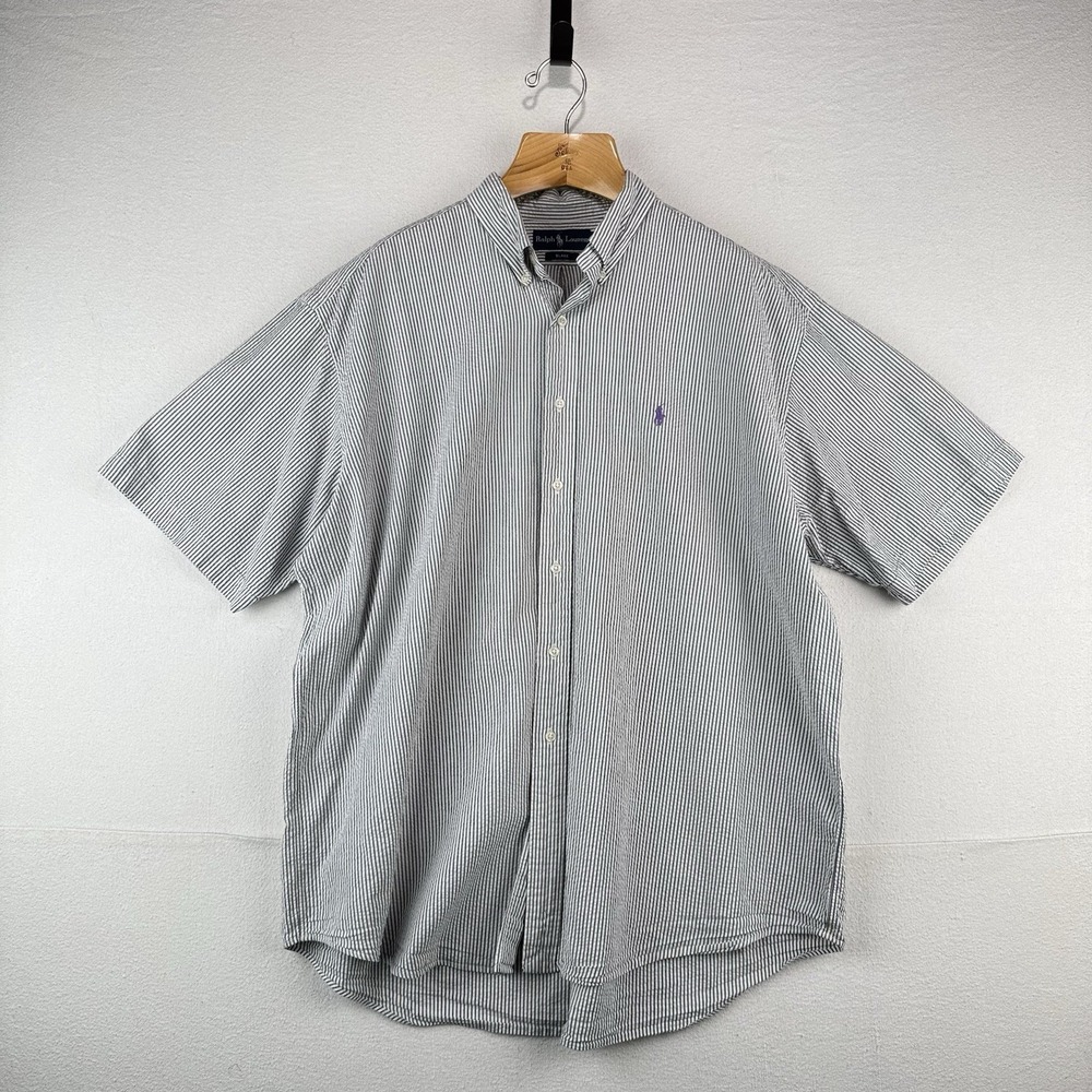 Vtg Ralph Lauren Seersucker Men's 2XL Blake Short Sleeve Button Shirt Gray White
